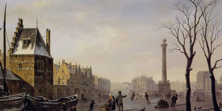 Winter skating on the main canal of Pompenburg, Rotterdam in 1825, shortly before the minimum, by Bartholomeus Johannes van Hove